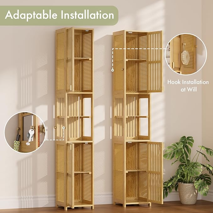 Amazer 70'' Tall Bathroom Storage Cabinet Bamboo, Slim Storage Cabinet with Rattan Door and Adjustable Shelves, Narrow Freestanding Organizer for Living Room, Kitchen, Natural Color