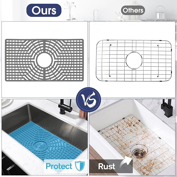 Silicone Sink Protector 24"x12" Center Drain Hole, Heat Resistant Non-slip Dishwasher Suitable, Large Mat for Bottom of Farmhouse Kitchen Stainless Steel Sink (Grey)