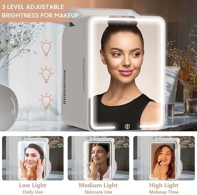 advwin 12L Mini Skincare Fridge with Dimmable LED Light Mirror, Makeup Fridge for Cooler & Warmer, Cosmetics, Beauty, Food & Drinks, Portable Small Refrigerator for Bedroom, Office, Dorm and Car