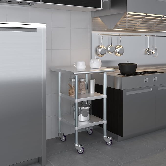AmGood Stainless Steel Work Table with 2 Shelves and Casters | Metal Utility Table On Wheels (Stainless Steel Work Table with 2 Shelves + Casters, 24" Long x 24" Deep)