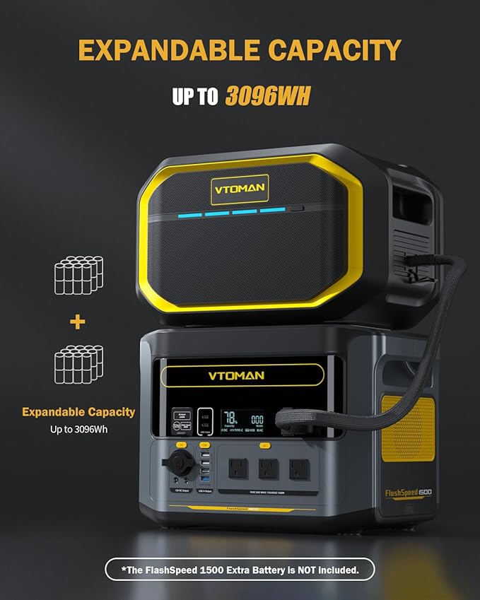 VTOMAN FlashSpeed 1500 Portable Power Station 1548Wh - Recharge 0-100% within 1H, LiFePO4 Battery Powered Solar Generator with 110V/1500W AC Output/Input, 100W USB Port for Camping, Home Backup
