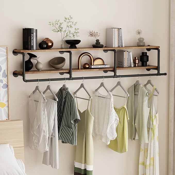 ORSENIGO Industrial Pipe Clothing Rack with Shelves, Black Wall Mounted Clothes Rack Heavy Duty Display Garment Rack for Home Retail