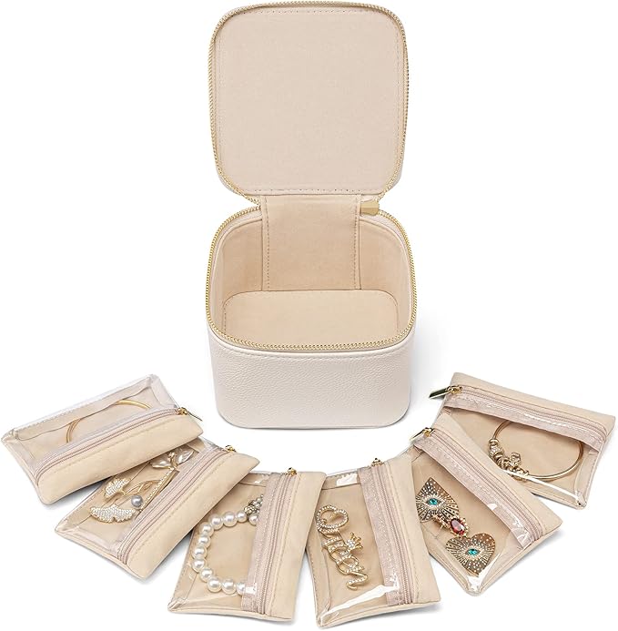 Vlando Travel Jewelry Case,Small Jewelry Box Organizer,Travel Jewelry Storage with 6 Velvet Jewelry Zipper Pockets, Birthday Gifts for Women Girls (White)