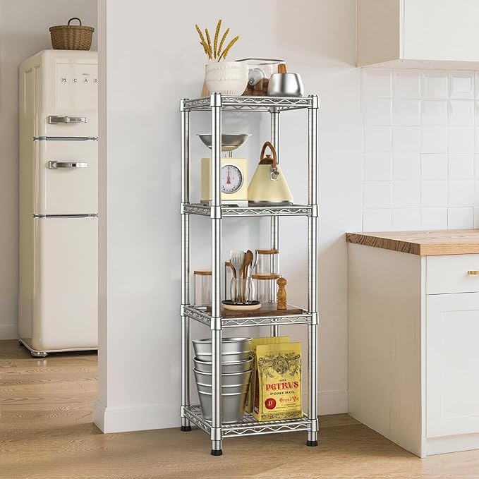 Metal Wire Shelving Unit Storage Shelves 4 Tier Adjustable Shelf Sturdy Steel Rack Standing Units Organizers organize for Laundry Bathroom Kitchen Closet Basement Garage Pantry Narrow Mesh Utility