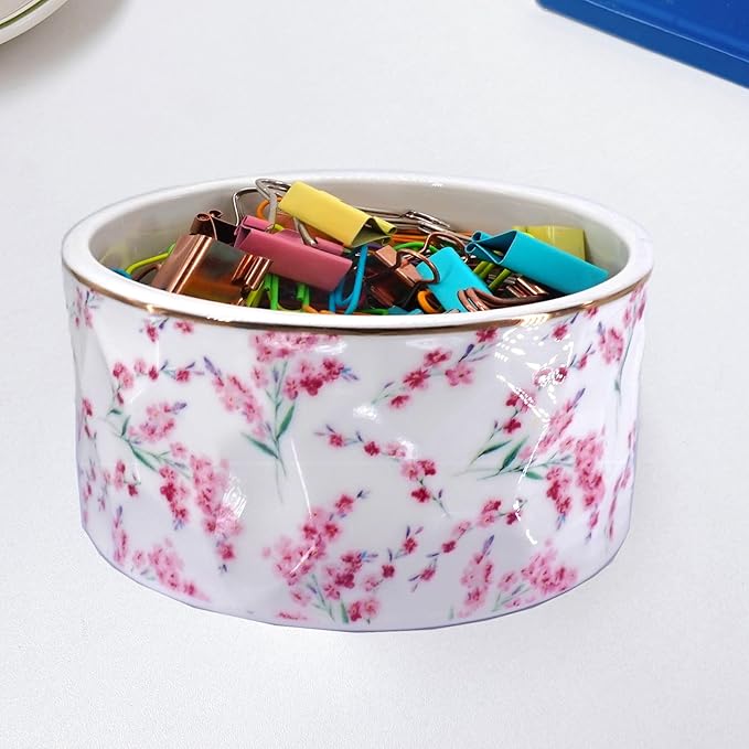 Paper Clip Holder Ceramic Paper Clip Holders Floral Paperclips Holder Dispenser Cute Gold Line Paper Clip Organizer for Desk Binder Clip Holder Bobby Pin Hair Clip Holder Gift for Office Pink Flowers