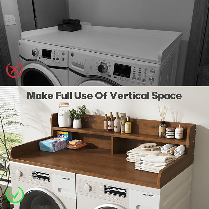 2-Tier Washer and Dryer Countertop with 2.75" H Guard,54" W x 27.5" D Laundry Countertop Cover with Non-Slip Pad,Large Space Laundry Topper for Folding Clothes Over Washer and Dryer-Brown