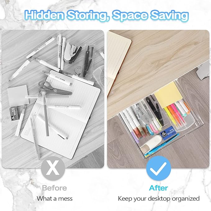 Self-adhesive Under Desk Drawer Organizer, 2 Pack Table Hidden Slide Out Large Storage Mounted Desktop Pencil Holder Tray Drawers for Office Home School Stationery Kitchen (Large, White)