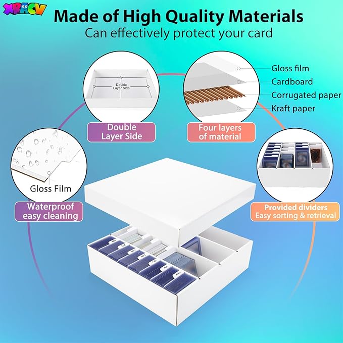 Trading Card Storage Box, 4 Row 3200 Count Collector Cards Box with Divider, White Corrugated Cardboard Compatible with Top Loader Organizer Sorting Tray Box for Sports Cards, MTG, TCG Cards (3-Pack)