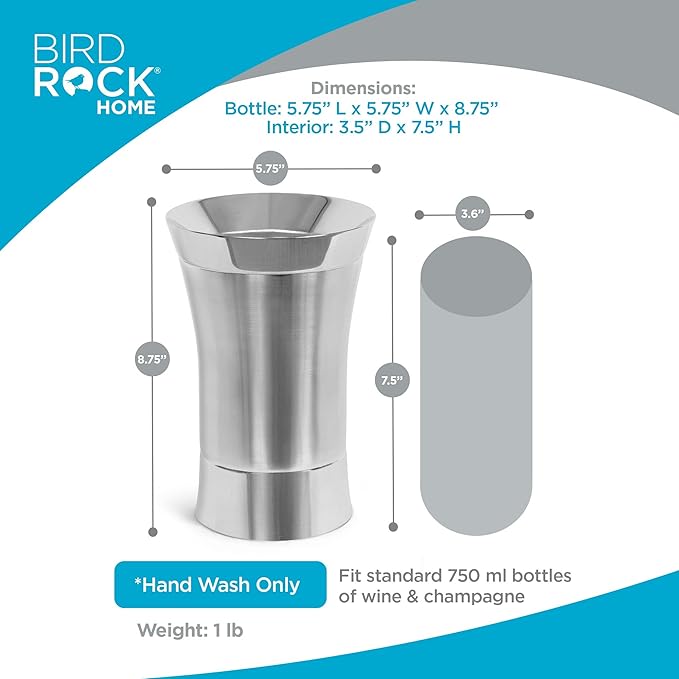 BirdRock Home Stainless-Steel Wine Chiller - Elegant Double Wall Bucket - Single Insulated Bottle Holder - Wine or Champagne Cooler for Table - Wine Accessories - Indoor or Outdoor - Silver