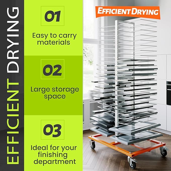 50 Shelves Paint Cabinet Drying Rack with 4 Caster Wheels, Cabinet Drying Rack, 25lbs/Shelf Capacity, Space Saving, Modern Style, Orange & White, Steel