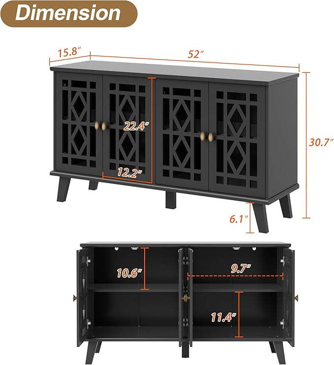 Scurrty 52" Buffet Cabinet with Storage,Sideboard with 4 Doors, Skeletonized Coffee Bar with Storage, Sideboard Cabinet for Dinning Room, Kitchen & Living Room (Black)