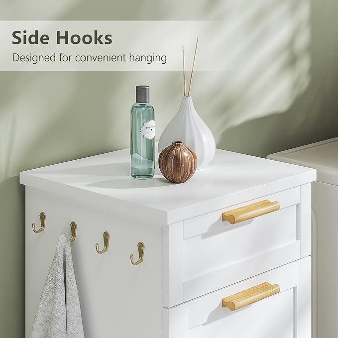 VECELO Tilt Out Laundry Hamper, 35" Bathroom Cabinet with Hidden Removable Basket, 1 Drawer and 4 Side Hooks for Storage, White