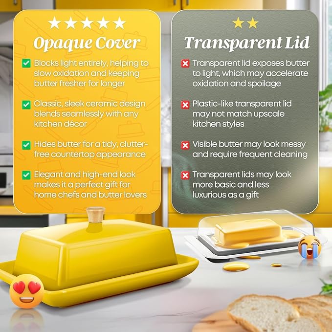 Flexzion Ceramic Yellow European Butter Dish with Lid for Countertop (8 Inch) - Wide 2 Stick Double Butter Holder for Counter, Cream Cheese Container Storage Keeper