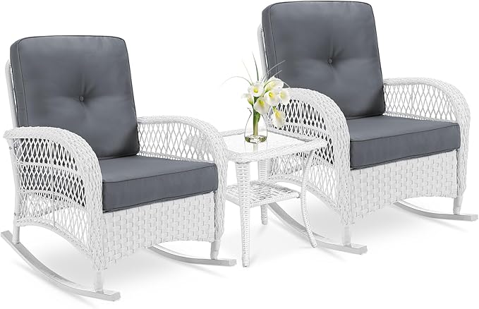 VIVIJASON 3-Piece Outdoor Conversation Bistro Set, Patio Wicker Rocking Chairs Rattan Furniture Sets w/ 2 Rattan Chairs, Cushions, Glass Top Side Table for Garden Porch Backyard (White Wicker/Grey)