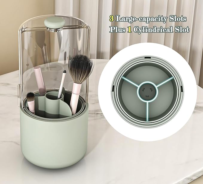 Makeup Brush Holder with Dustproof Cover, Clear 360 Rotating Make Up Brushes Organizer for Counter Vanity Bathroom, Sage Green