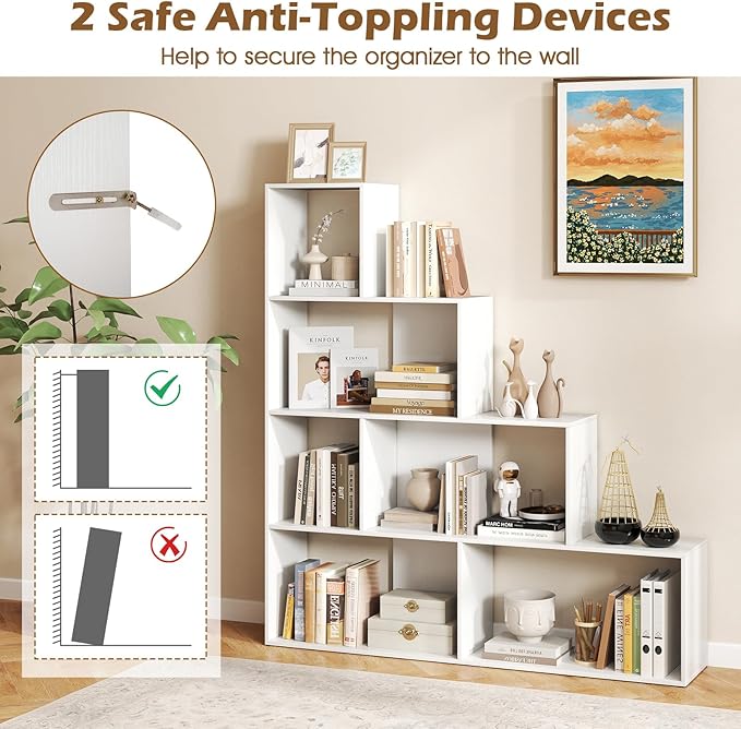 Tangkula 4-Tier Stepped Bookshelf, Freestanding 6 Cubes Ladder Bookcase with Anti-Tipping Kits, 64" Tall Modern Wooden Storage Display Rack for Home Office Living Room Study (1, White)