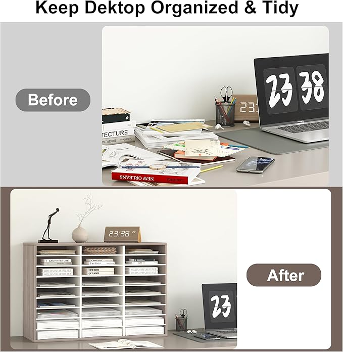 Literature Organizer 27 Slots Wooden Mailboxes for Classroom Office Mail Organizer Countertop Vertical File Sorter with Adjustable Shelves Heavy Duty Office Mailbox Cubbies, Retro Grey/White