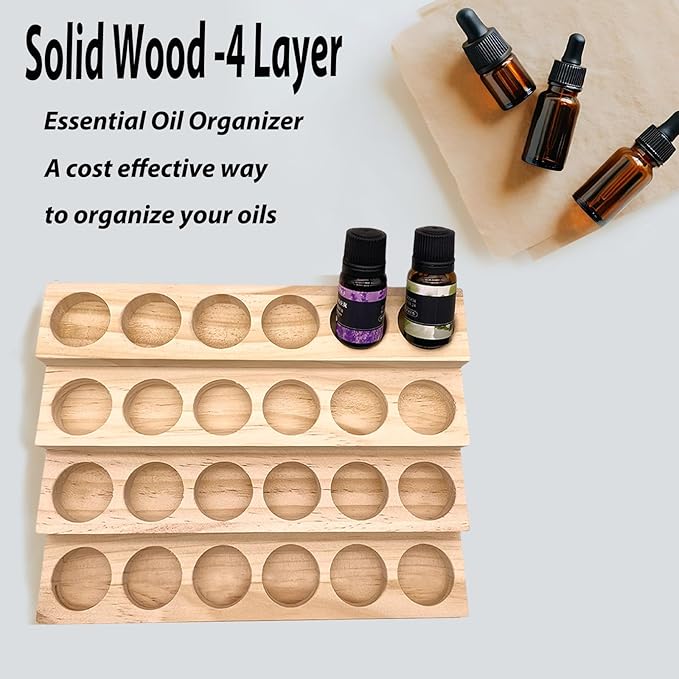 2 Pack Solid Wood Essential Oil Organizer 4 Layer Essential Oils Racks Tabletop Storage Rack Display Stand Holder for 5-20ml Bottles
