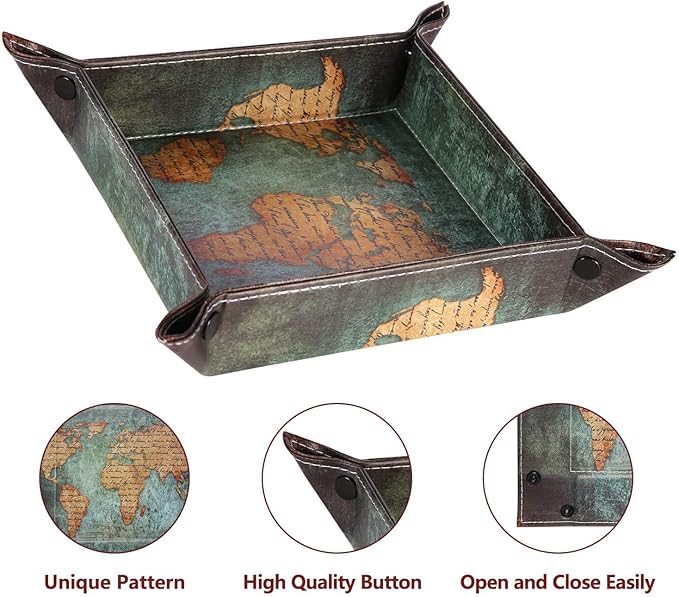 siduater Valet Tray Desktop Storage Organizer, Vegan Leather Catchall Bedside Vanity Tray Nightstand Caddy Holder for Remote Controller, Watch, Keys, Phone, Wallet, Sunglasses, Jewelry - Map