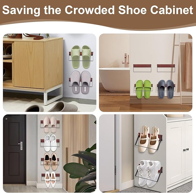 2-Pack Wall Mounted Shoe Rack, Wooden & Metal Foldable Shoe Rack - Space Saving Wall Shoe Holder for Entryway, RV, Camper, Closet, Apartment, Fits Various Shoes-Brown