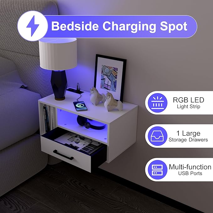 Homaterial Floating Nightstand with Charging Station and LED Lights, Floating Bedside Table with Drawers Wall Mounted Nightstands,for Bedroom Room, 21.3" x 11.8" x 10",White