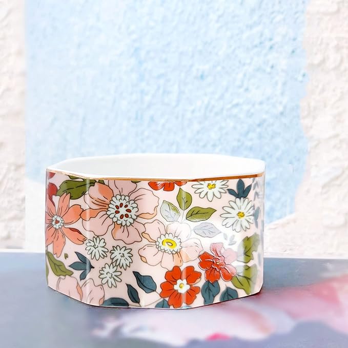 Ceramic Paper Clip Holder Gold Line Paper Clip Dispenser Organizer for Desk Cute Floral Pattern Office Binder Clip Holder Bobby Pin and Hair Clip Holder Gift for Office Pink Flowers