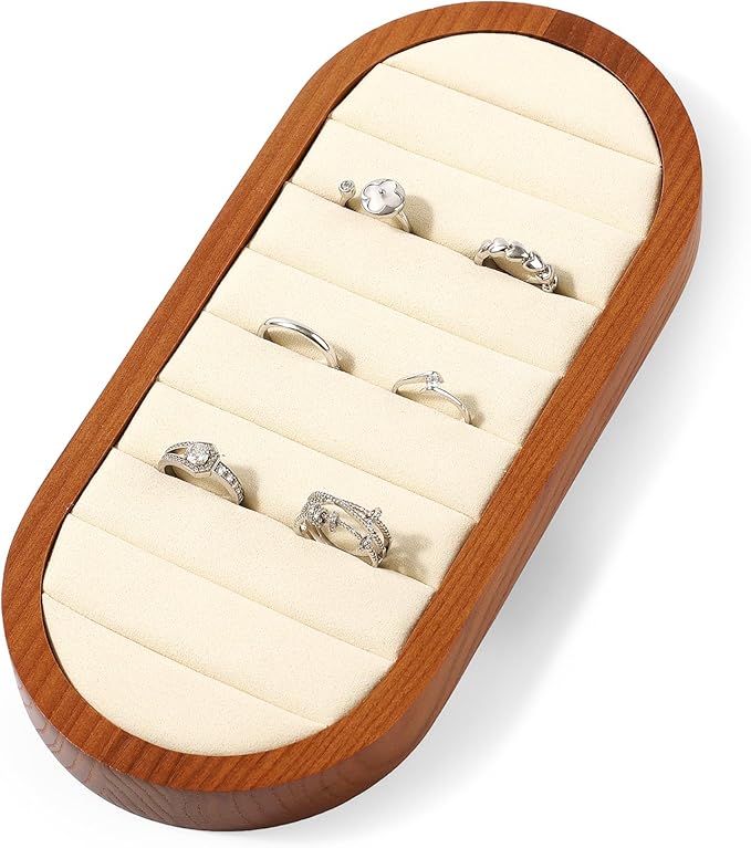 Small Jewelry Rings Display Tray Solid Wood Jewelry Display Organizer Tray for Rings Stud Earrings(Beige)