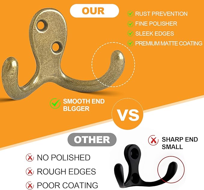 20 Pack Coat Hooks Wall Hooks for Hanging, Heavy Duty Double Prong Metal Hook Wall Mounted for Living Room, Bathroom, Kitchen, Bedroom for Coat, Bag, Scarf, Towel, Hat, Key, Cup (Bronze)