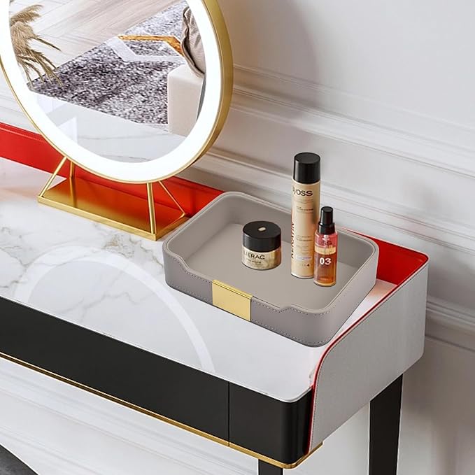 Luxury Leather Valet Tray Desktop Storage Organizer,Bedside Vanity Catchall Tray Nightstand Caddy Holder for Cosmetic,Jewelry,Watch,Keys,Phone,Wallet,Remote Controller,Pen,Gray