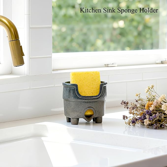 Ceramic Sponge Holder with Drainage, Farmhouse Sink Caddy Organizer, Self Draining Design for Sponges,Soap,Brushes, Compact Rustic Kitchen Accessory, Keeps Counter Dry（Country Blue）