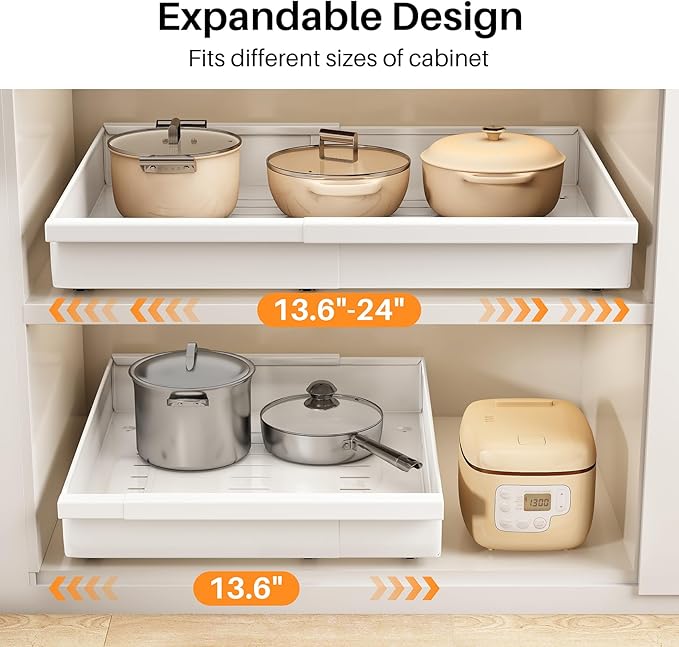 Pull out Cabinet Organizer, 1-Pack Expandable(13.6"-24") Silde out Drawers with Raising Pad for Framed Cabinets, Adjustable Full-Extension Adhesive Roll out Shelves for Kitchen Pantry Home Pot and Pan