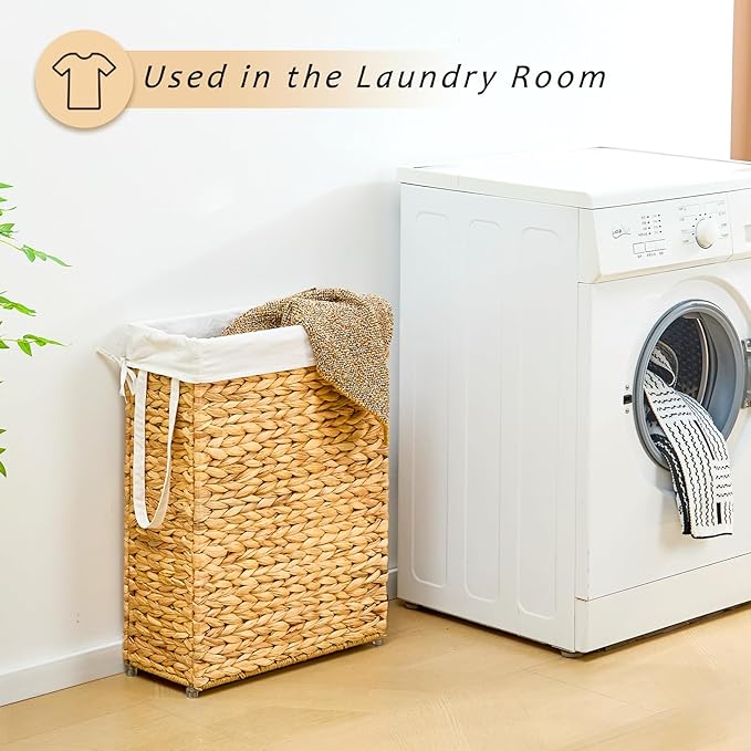 Handwoven Slim Laundry Hamper, 55L Narrow Laundry Basket, Natural Water Hyacinth Basket and Handles and Removable Liner Bag & 2 Mesh Bags (Natural, 55L)
