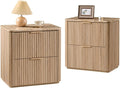 Fluted Nightstand Set of 2, Bedside Table with 2 Drawers, Engineered Wood End Table with Faux Marble-Top, Curved Corners, Metal Handle, Modern Night Stand for Bedroom, Small Spaces, Natural Oak