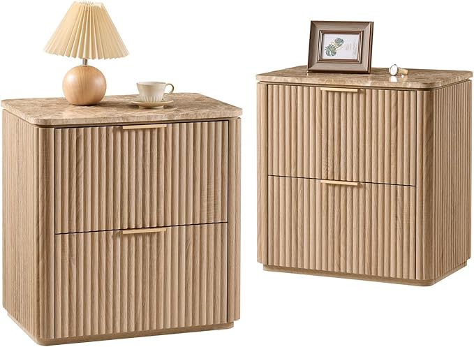 Fluted Nightstand Set of 2, Bedside Table with 2 Drawers, Engineered Wood End Table with Faux Marble-Top, Curved Corners, Metal Handle, Modern Night Stand for Bedroom, Small Spaces, Natural Oak