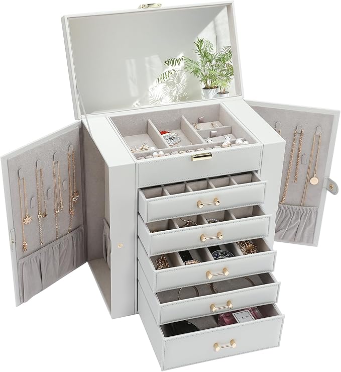Large Jewelry Box, Jewelry Boxes for Women Large Jewelry Organizers and Storage, Jewelry Organizer for Rings Earrings Necklaces Glasses Bracelets Watches, Grey
