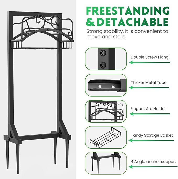 Garden Hose Holder, Heavy Duty Metal Water Hose Holder with 4 Spikes Outdoor Freestanding Hose Hanger Detachable Sturdy Hose Stand Holds 150-feet Hose, Garden Hose Storage Rack for Outside Yard Lawn