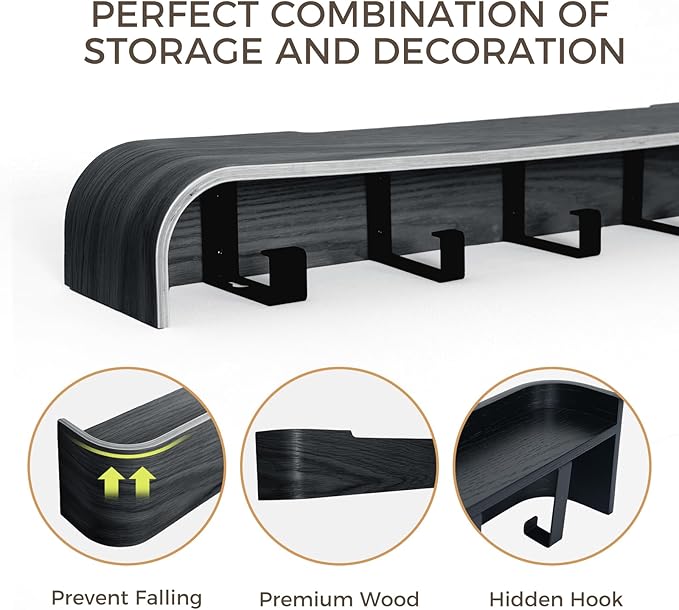 Wall Coat Rack Floating Shelves Modern Coat Rack Wall Mount with Storage Entryway Shelf Wooden Hanger 20 Inch 4 Hidden Metal Hooks for Living Room Bedroom (Black, 8 Hooks)