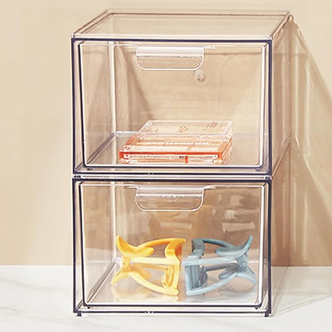 Clear Stackable Storage Drawers,2 Pack Acrylic Drawers Desk Organizers Makeup Organizer for Vanity, Bathroom,Cabinet,Desk Organization