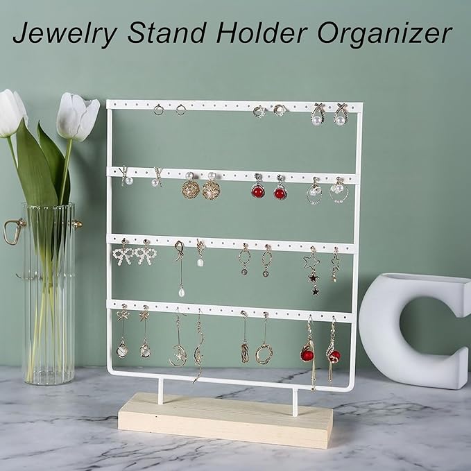 Earring Organizer Stand for Women, 4 Tier Tall Jewelry Holder Organizer Rack, Tabletop Display Rack Multiple Pierced Earrings, Wood and Iron Hanging Jewelry Organizer