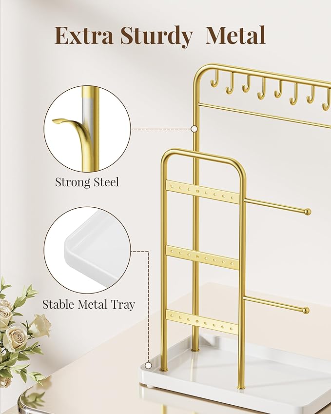 pickpiff Jewelry Holder Stand: Jewelry Display for Necklace, Bracelet, Earring, Ring, White & Gold