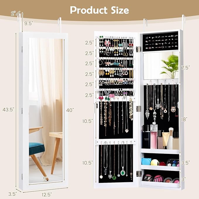 HAPPYGRILL Wall Mounted Jewelry Cabinet with Full Length Mirror, Over The Door Jewelry Organizer w/Built-in Makeup Mirror, Storage Shelves, Door Mounted Jewelry Armoire for Women, Girls(White)