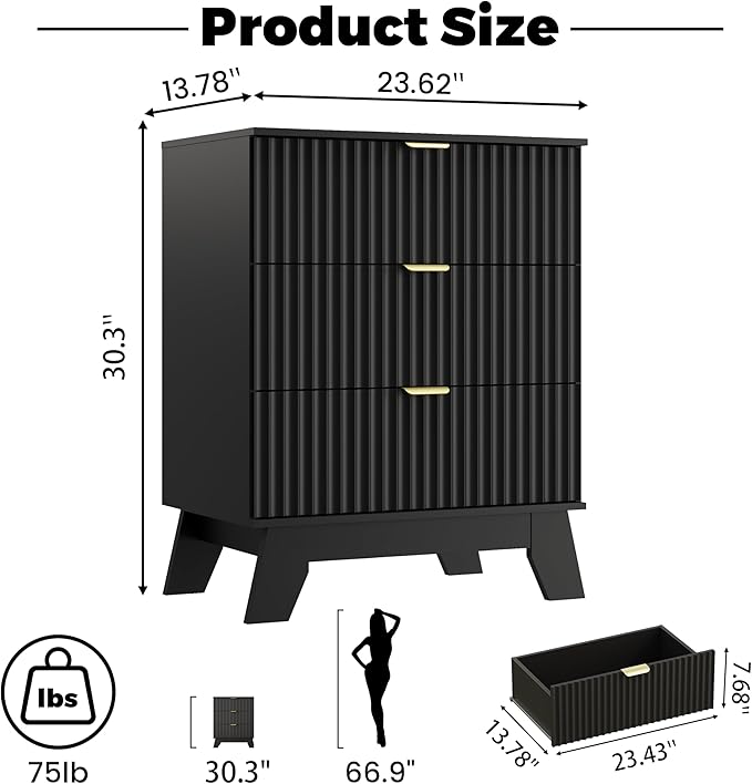 Black Night Stand with 3 Drawers, Bedside Table & End Table, 24" Wide Mid Century Modern Fluted Wood Nightstand with Metal Handles, Farmhouse Night Stands for Bedroom