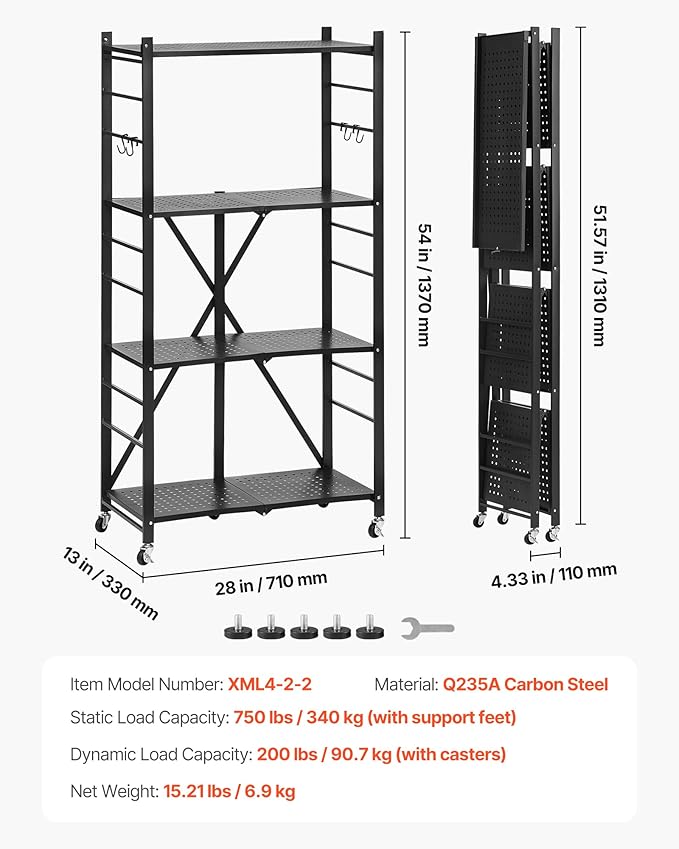 VEVOR 4-Tier Foldable Storage Shelf, 28W x 13D x 54H Inch Folding Metal Rack Shelving Unit, No Assembly Organizer Shelf with 5 Wheels & 4 Hooks for Pantry, Kitchen, Garage, Basement, Black