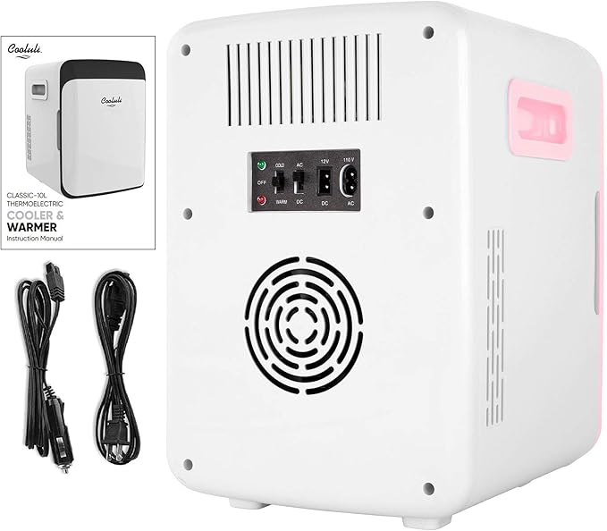 Cooluli 10L Mini Fridge for Bedroom - Car, Office Desk & College Dorm Room - 12V Portable Cooler & Warmer for Food, Drinks, Skincare, Beauty, Makeup & Cosmetics - AC/DC Small Refrigerator (Pink)