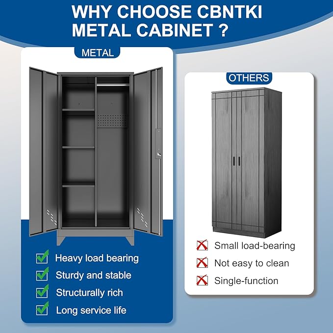Garage Storage Cabinet, Broom Closet Storage Cabinet, Storage Shed, Metal Cabinets with Doors and Shelves, Tool Shed for Brooms and Mops, Utility Cabinets for Storage,Small Cabinet
