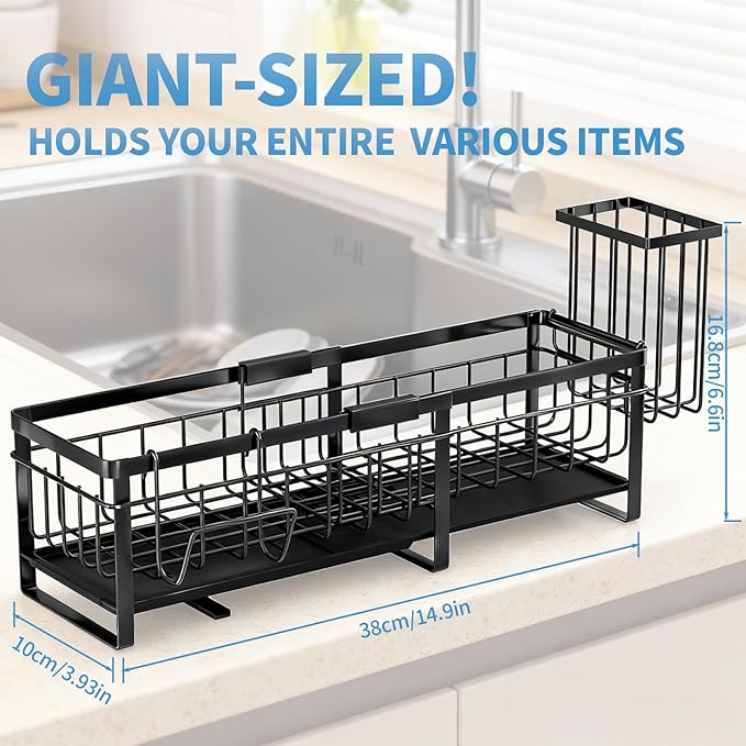 Extra Large Extendable Sponge Holder for Kitchen Sink, Rustproof Sink Caddy Organizer with High Brush Holder, Dish Soap Dispenser Organizers and Storage, Home Essentials Kitchen Countertop Accessories