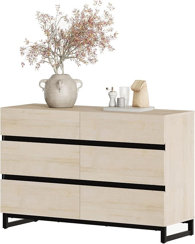 WAMPAT Dresser for Bedroom, Closet Organizers and Storage with 6 Drawers, Chest of Drawers with Metal Base, Modern Wood Dresser for Living Room, Entryway, Light Oak