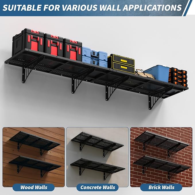 Garage Wall Shelving Heavy Duty, 43.3" Floating Shelves 264lbs Capacity, Garage Wall-Shelf with Adjustable Rails for Wood Stud and Concrete Walls, Metal Shelves for Storage Organization