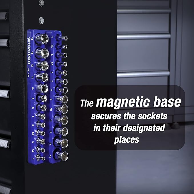 WORKPRO Magnetic Socket Organizer, 1/4-Inch Metric Socket Holder, Tool Trays Holds 26 Pieces Standard Size and Deep Size Sockets(Sockets not Included)