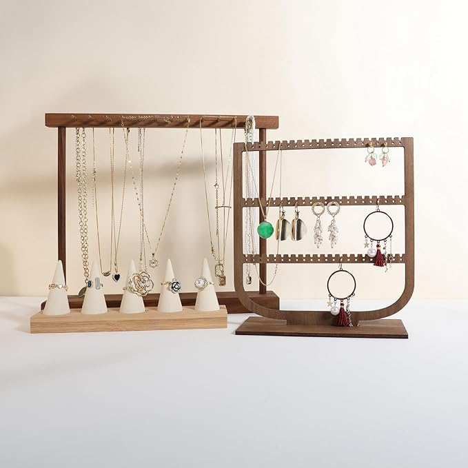 GemeShou wooden hanging jewelry organizer, walnut jewelry display holder for selling, dangle necklace storage shelf, 3 tier earring display stands for selling【Jewelry shelf-3 tier】